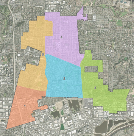 Aerial map showing Placentia council districts 1 through 5